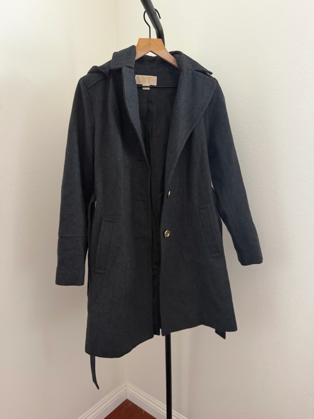 Womens Charcoal Hooded Belted Wool-Blend Coat - Picture 4 of 6